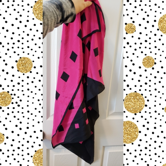 Vintage Fushia Pink Black Silky Scarf Neckerchief - Picture 4 of 6